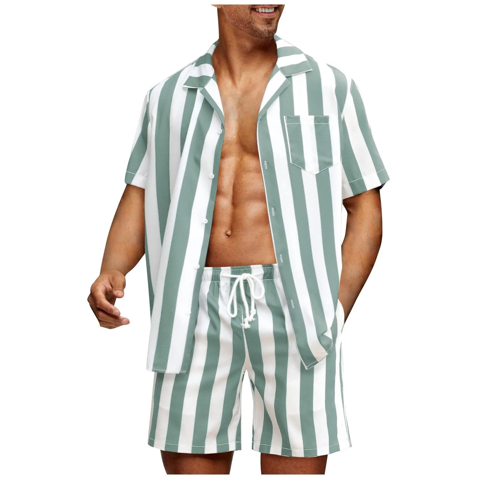 Men's Casual Striped Print Short Sleeve Shirt Shorts Set 98173130Y sold by Manly
