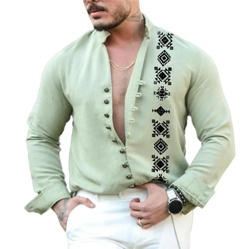 Men's Casual Printed Stand Collar Single Breasted Long Sleeve Shirt 20160195Y sold by Manly