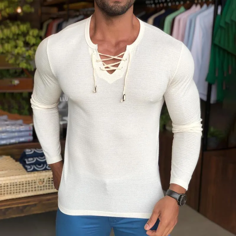 Men's Solid Color Lace-up V Neck Long Sleeve Casual T-shirt 04876594Z sold by Manly product image thumbnail 2