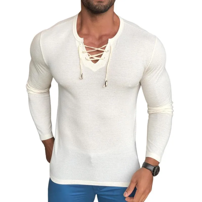 Men's Solid Color Lace-up V Neck Long Sleeve Casual T-shirt 04876594Z sold by Manly