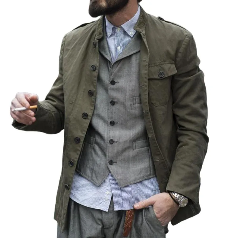 Men's Retro Street Casual Pocket Stand Collar Workwear Jacket 62220809TO sold by Manly