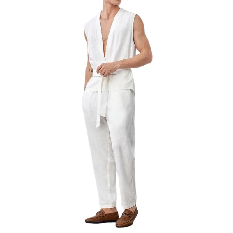 Men's Casual V-Neck Belt Sleeveless Shirt Loose Pants Set 54069476M sold by Manly product image thumbnail 4