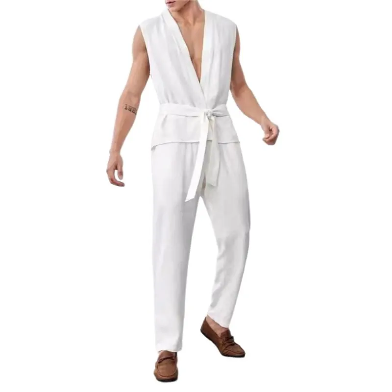 Men's Casual V-Neck Belt Sleeveless Shirt Loose Pants Set 54069476M sold by Manly