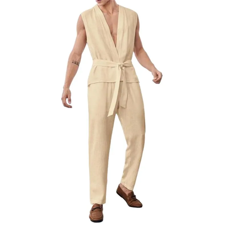 Men's Casual V-Neck Belt Sleeveless Shirt Loose Pants Set 54069476M sold by Manly product image thumbnail 5