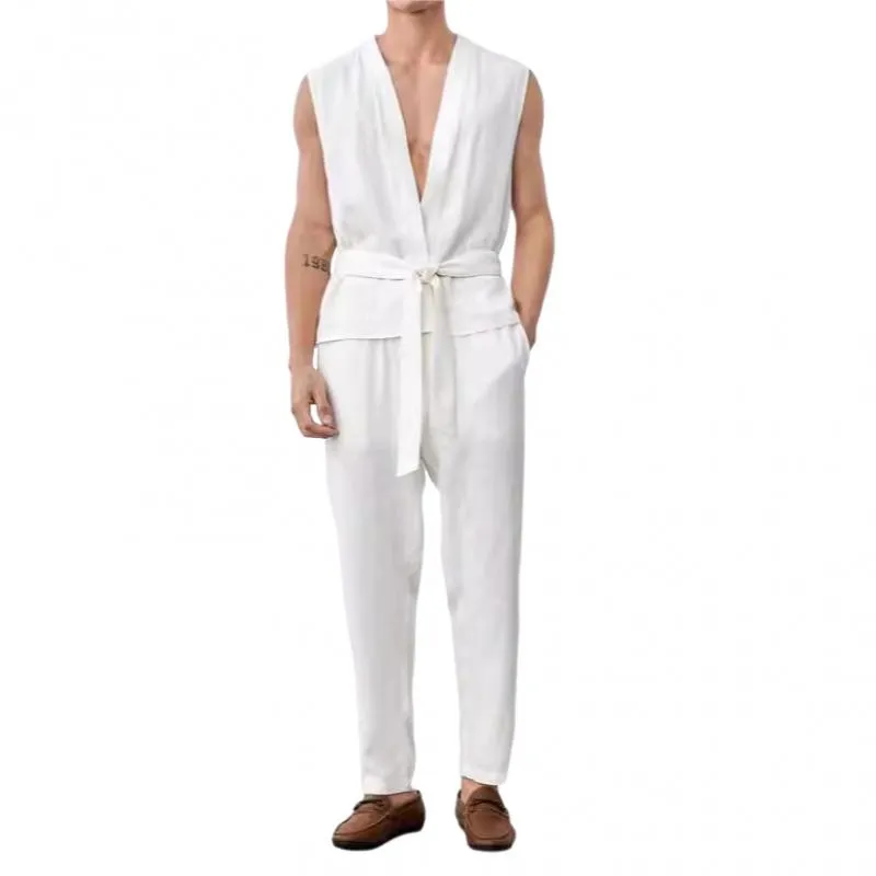 Men's Casual V-Neck Belt Sleeveless Shirt Loose Pants Set 54069476M sold by Manly product image thumbnail 2