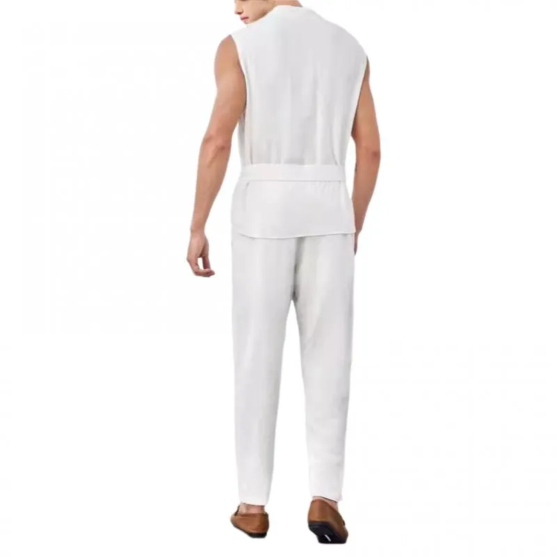 Men's Casual V-Neck Belt Sleeveless Shirt Loose Pants Set 54069476M sold by Manly product image thumbnail 3