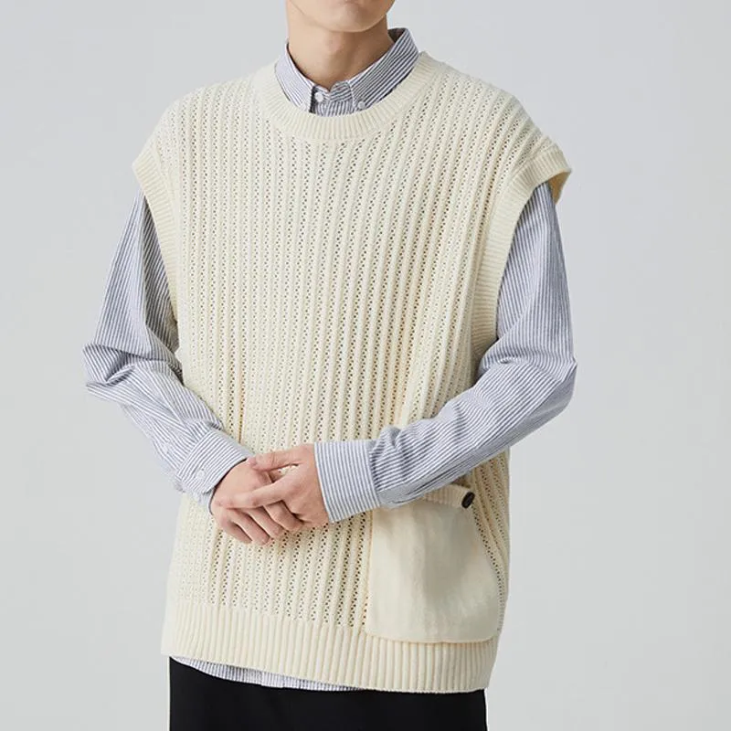 Men's Loose Solid Color Stitching Pocket Round Neck Sweater Vest 01149208Y sold by Manly product image thumbnail 4