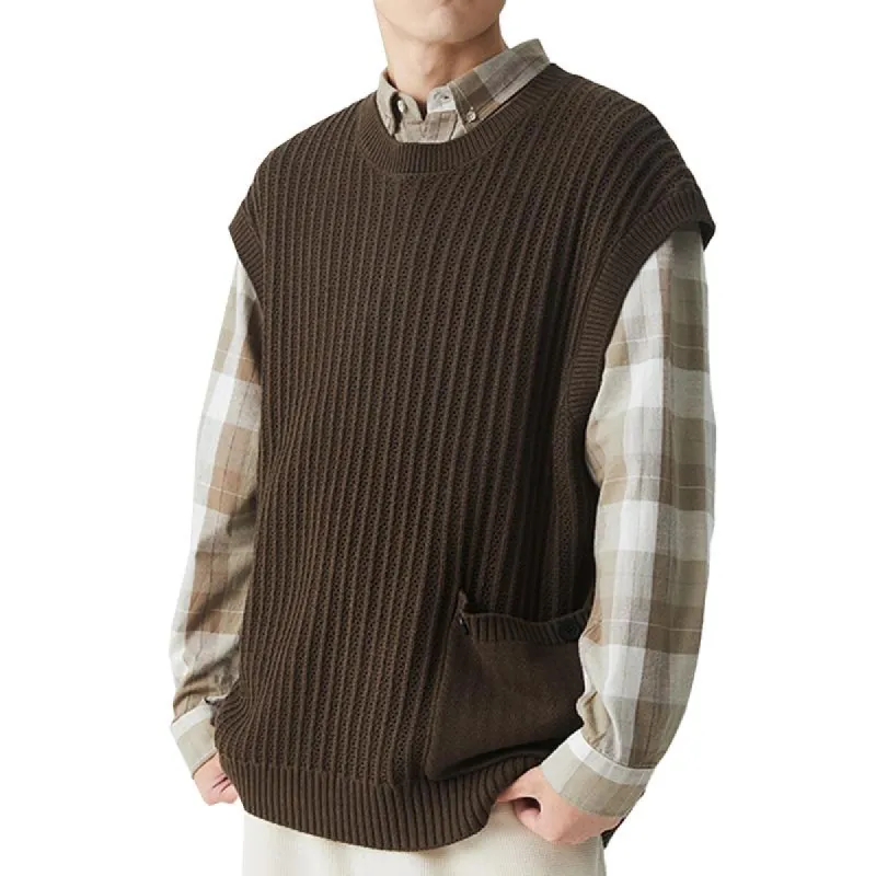 Men's Loose Solid Color Stitching Pocket Round Neck Sweater Vest 01149208Y sold by Manly