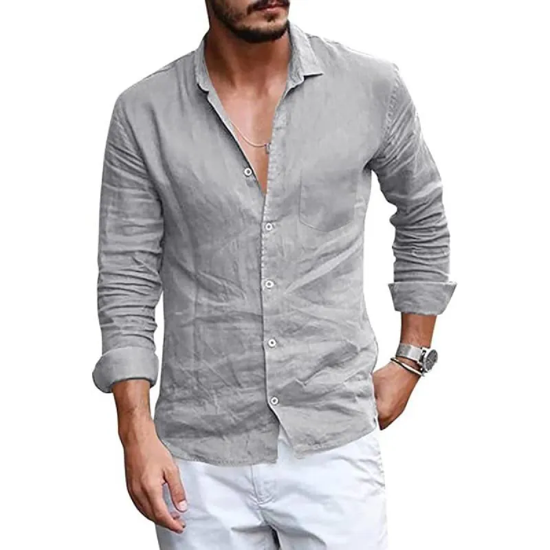 Men'S Casual Lapel Thin Long-Sleeved Solid Color Shirt 80522141M sold by Manly