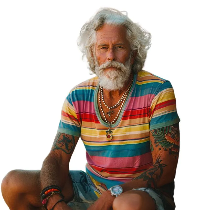 Men's Vintage Rainbow Stripe Print Crew Cotton Short Sleeve T-Shirt 23747948Y sold by Manly