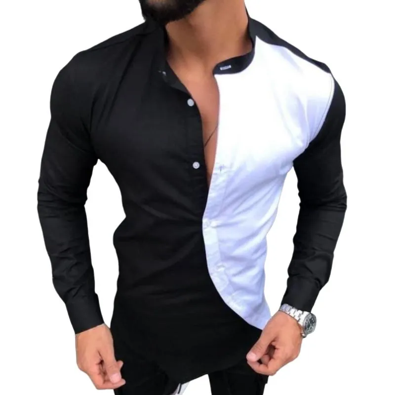 Men's Casual Stand Collar Colorblock Long Sleeve Shirt 82004148TO sold by Manly