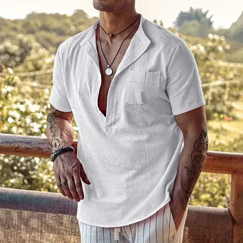 Men's Casual Loose Solid Color V Neck Chest Pocket Short Sleeve Shirt 05403253Y sold by Manly product image thumbnail 3