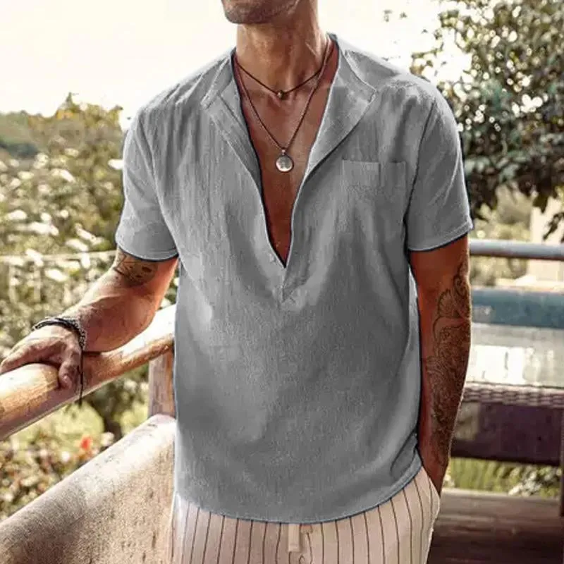 Men's Casual Loose Solid Color V Neck Chest Pocket Short Sleeve Shirt 05403253Y sold by Manly product image thumbnail 2