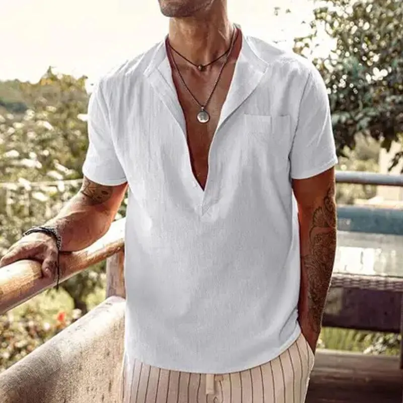 Men's Casual Loose Solid Color V Neck Chest Pocket Short Sleeve Shirt 05403253Y sold by Manly product image thumbnail 4