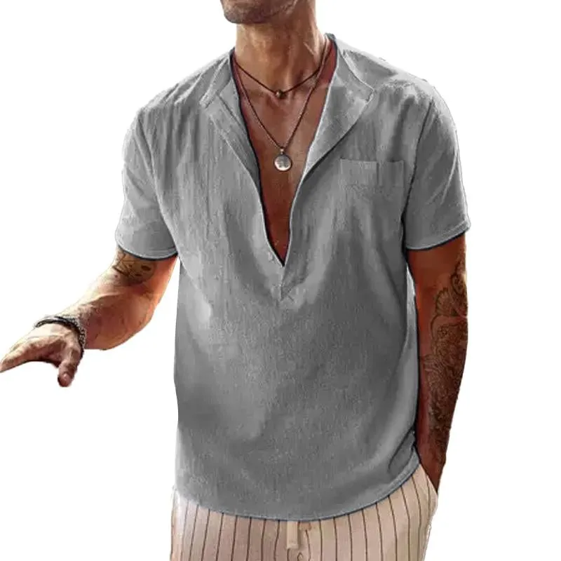 Men's Casual Loose Solid Color V Neck Chest Pocket Short Sleeve Shirt 05403253Y sold by Manly