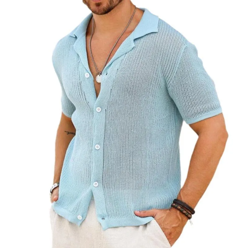 Men's Hollow Out Knitted Lapel Short Sleeve Casual Shirt 24412721Z sold by Manly