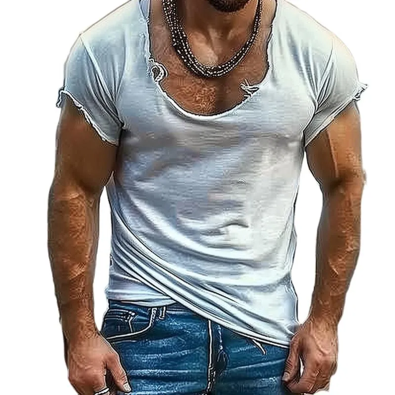 Men's Casual Cotton Blended Round Neck Raw Edge Short Sleeve T-Shirt 34856756M sold by Manly