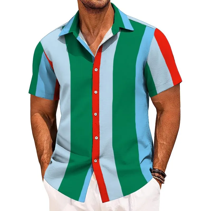 Men's Retro Color Block Lapel Short Sleeve Shirt 81891439TO sold by Manly