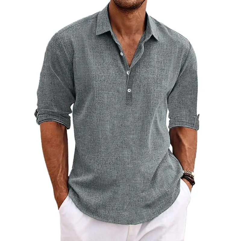Men's Casual Solid Color Pullover Lapel Roll-Up Cotton and Linen Sleeve Long Sleeve Shirt 41061054Y sold by Manly