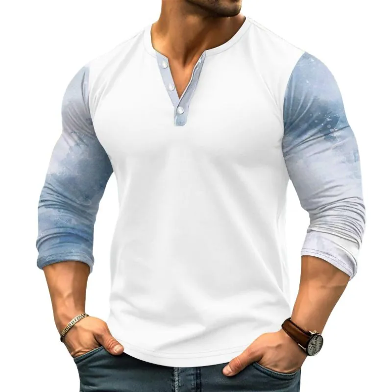 Men's Printed Stitching Henley Collar Long Sleeve T-shirt 78580971Z sold by Manly