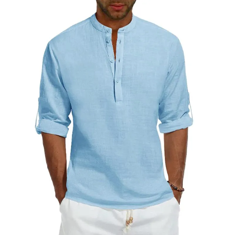 Men's Solid Linen Stand Collar Rolled Sleeve Casual Shirt 53415549Z sold by Manly
