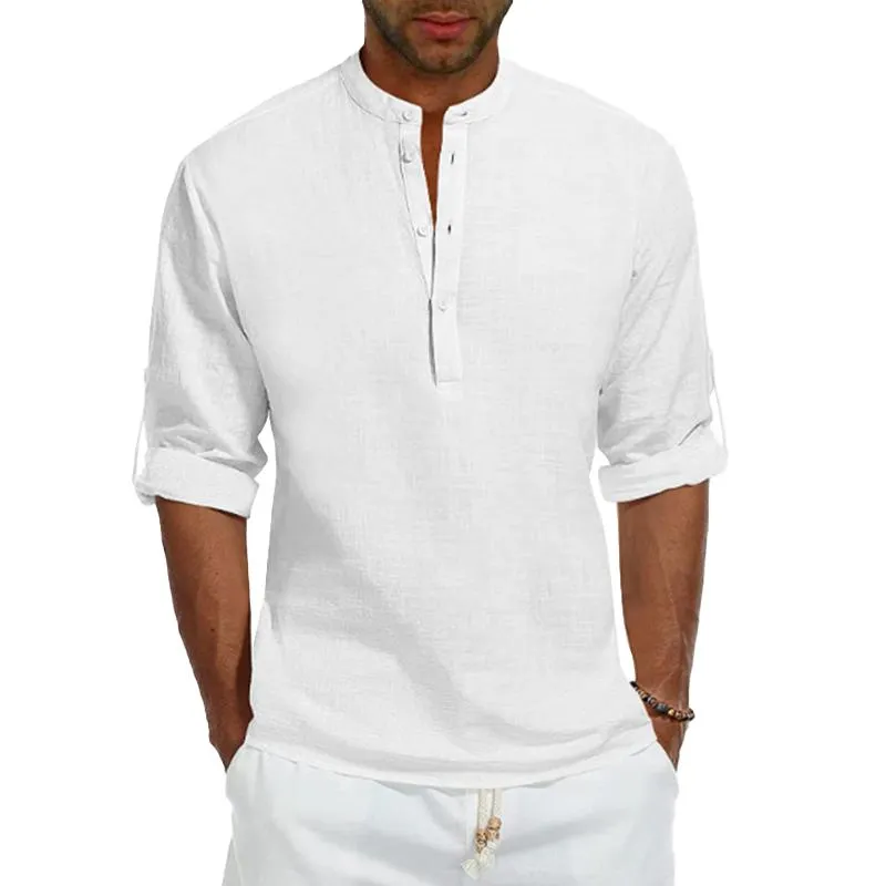 Men's Solid Linen Stand Collar Rolled Sleeve Casual Shirt 53415549Z sold by Manly product image thumbnail 2