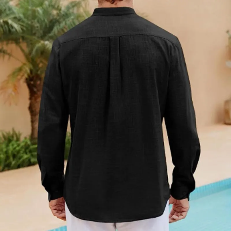 Men's Solid Linen Stand Collar Rolled Sleeve Casual Shirt 53415549Z sold by Manly product image thumbnail 4