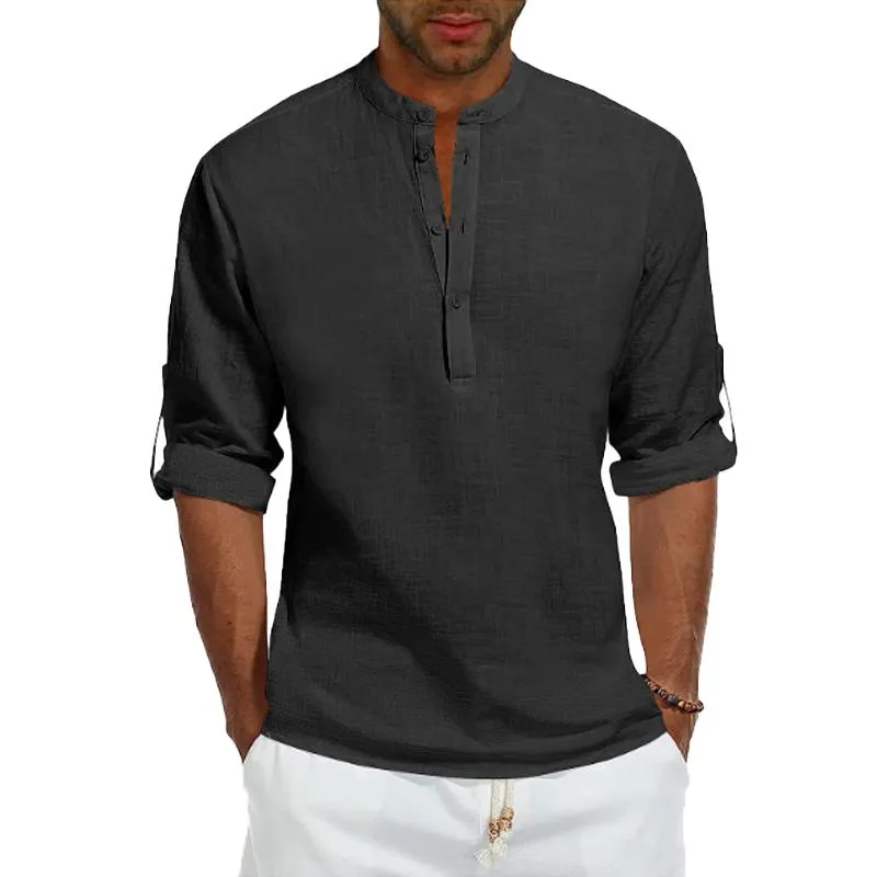 Men's Solid Linen Stand Collar Rolled Sleeve Casual Shirt 53415549Z sold by Manly product image thumbnail 3