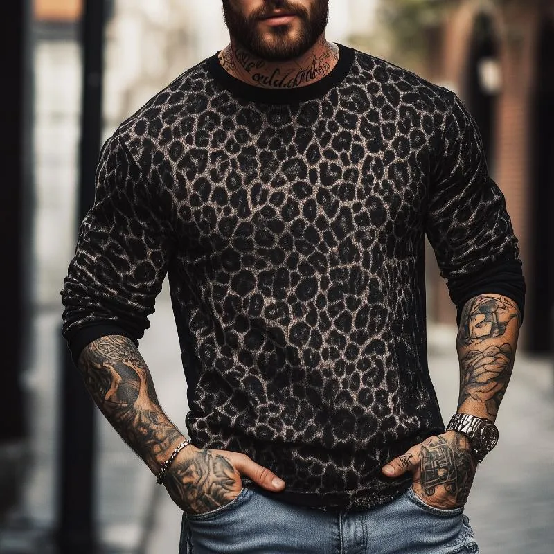 Men's Retro Casual Leopard Print Round Neck Colorblock Long Sleeve T-Shirt 79123683TO sold by Manly product image thumbnail 3