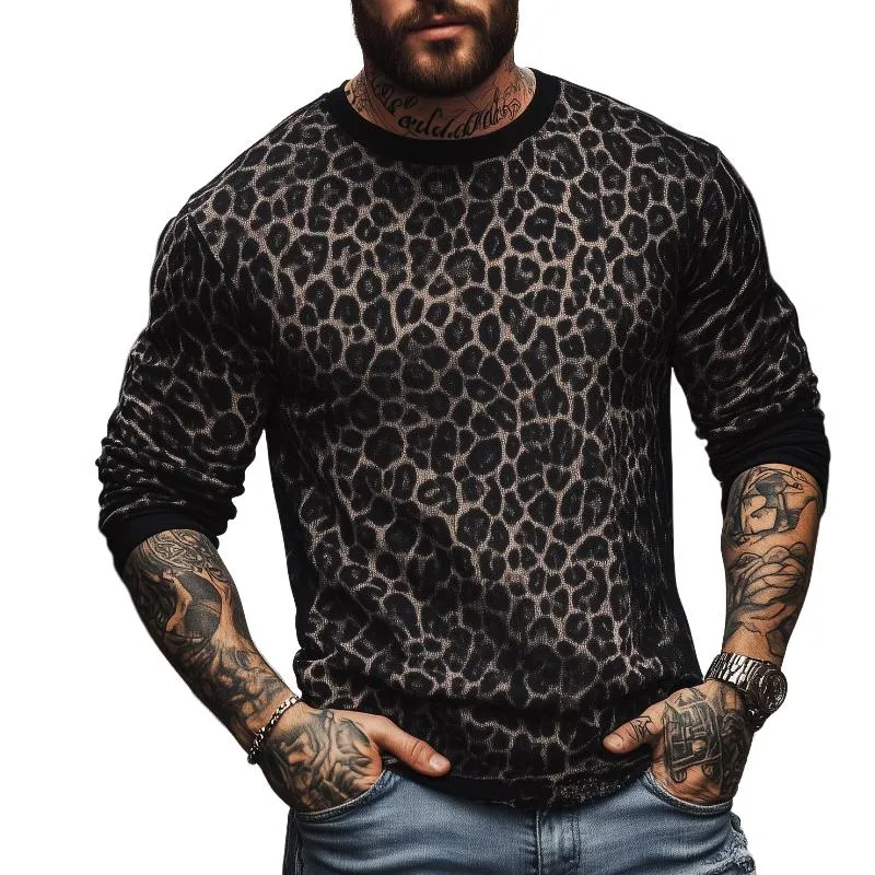 Men's Retro Casual Leopard Print Round Neck Colorblock Long Sleeve T-Shirt 79123683TO sold by Manly