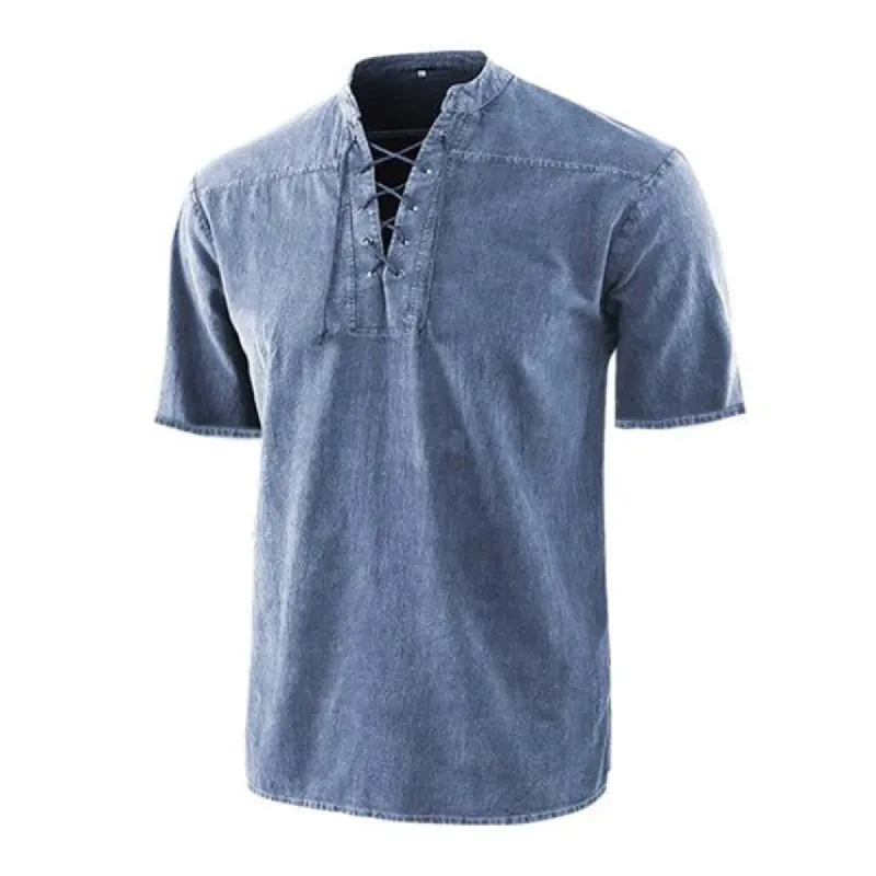 Men's Retro Lace Up Collar Casual Short Sleeve Shirt 98847664M sold by Manly