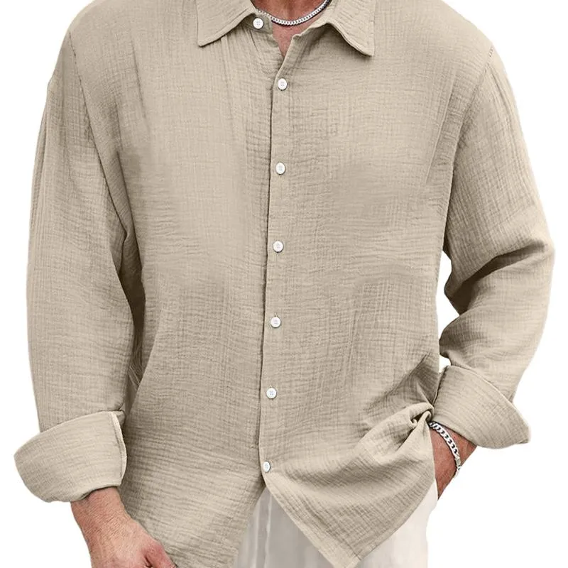 Men's Casual Cotton Linen Pleated Lapel Loose Long Sleeve Shirt 35684594M sold by Manly product image thumbnail 4