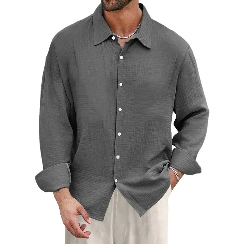 Men's Casual Cotton Linen Pleated Lapel Loose Long Sleeve Shirt 35684594M sold by Manly