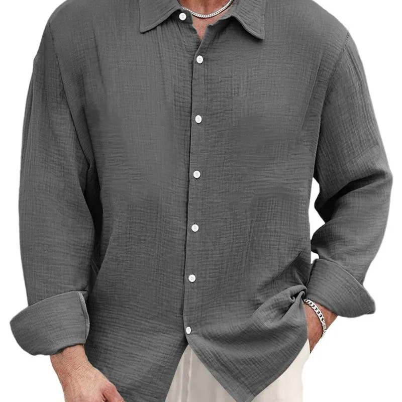 Men's Casual Cotton Linen Pleated Lapel Loose Long Sleeve Shirt 35684594M sold by Manly product image thumbnail 2