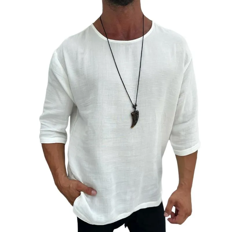 Men's Casual Cotton and Linen Round Neck Mid-sleeve T-shirt 49400754X sold by Manly product image thumbnail 2