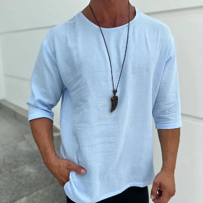 Men's Casual Cotton and Linen Round Neck Mid-sleeve T-shirt 49400754X sold by Manly product image thumbnail 4