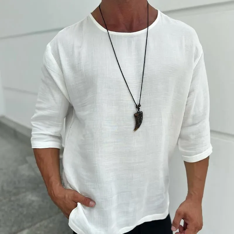 Men's Casual Cotton and Linen Round Neck Mid-sleeve T-shirt 49400754X sold by Manly product image thumbnail 3