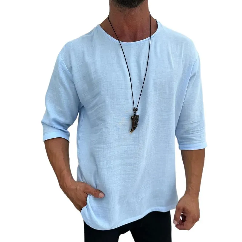 Men's Casual Cotton and Linen Round Neck Mid-sleeve T-shirt 49400754X sold by Manly