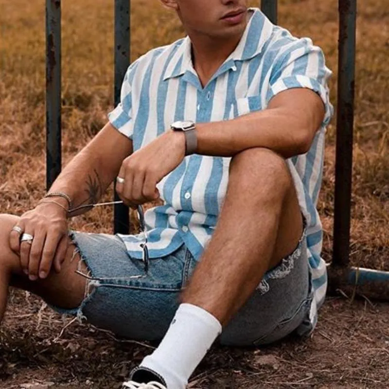 Men's Casual Lapel Striped Short-sleeved Shirt 33407006TO sold by Manly product image thumbnail 5