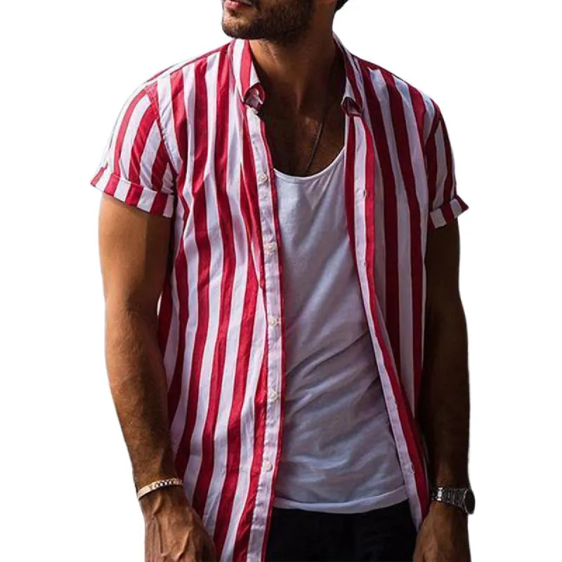Men's Casual Lapel Striped Short-sleeved Shirt 33407006TO sold by Manly