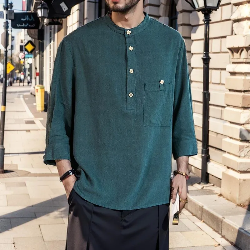 Men's Solid Color Cotton And Linen Henley Collar Half Sleeve Casual Shirt 12928959Z sold by Manly product image thumbnail 2