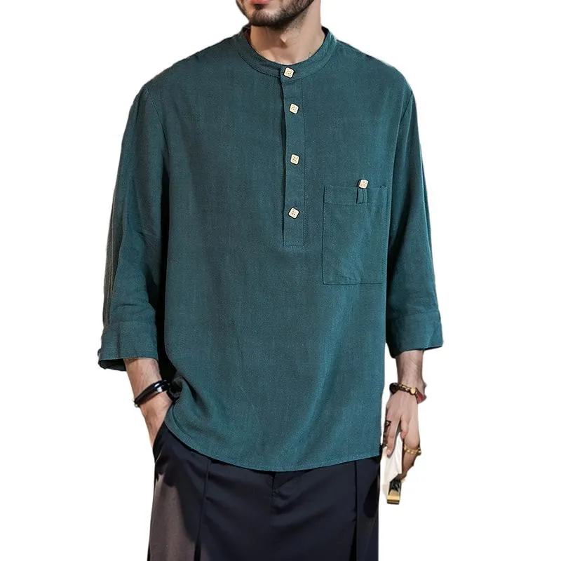 Men's Solid Color Cotton And Linen Henley Collar Half Sleeve Casual Shirt 12928959Z sold by Manly