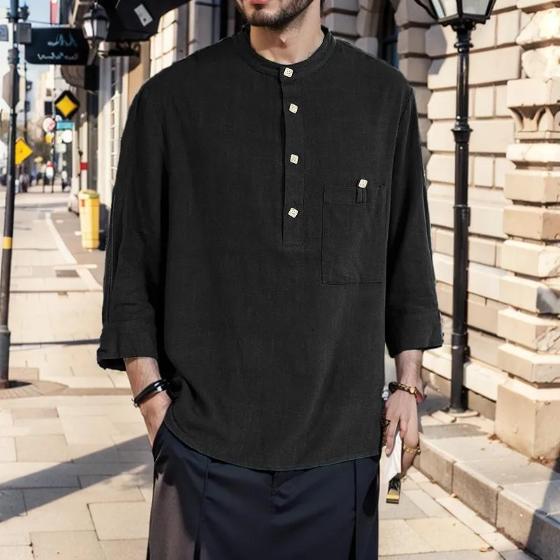 Men's Solid Color Cotton And Linen Henley Collar Half Sleeve Casual Shirt 12928959Z sold by Manly product image thumbnail 3