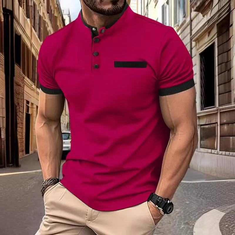 Men's Casual Stand Collar Color Block Waffle Short Sleeve Polo Shirt 07001974Y sold by Manly product image thumbnail 5