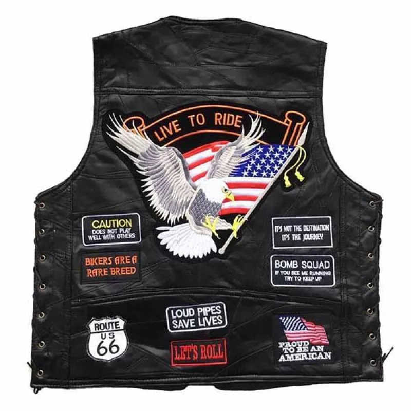 Men's Embroidered Badge Leather Biker Vest 34397283M sold by Manly