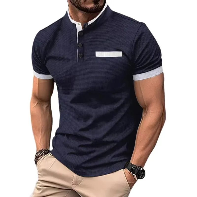 Men's Casual Stand Collar Color Block Waffle Short Sleeve Polo Shirt 07001974Y sold by Manly