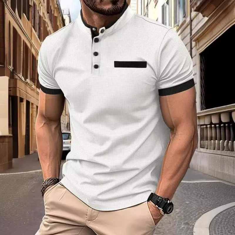 Men's Casual Stand Collar Color Block Waffle Short Sleeve Polo Shirt 07001974Y sold by Manly product image thumbnail 2