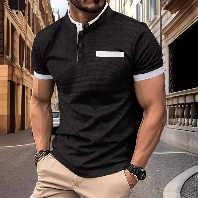 Men's Casual Stand Collar Color Block Waffle Short Sleeve Polo Shirt 07001974Y sold by Manly product image thumbnail 3