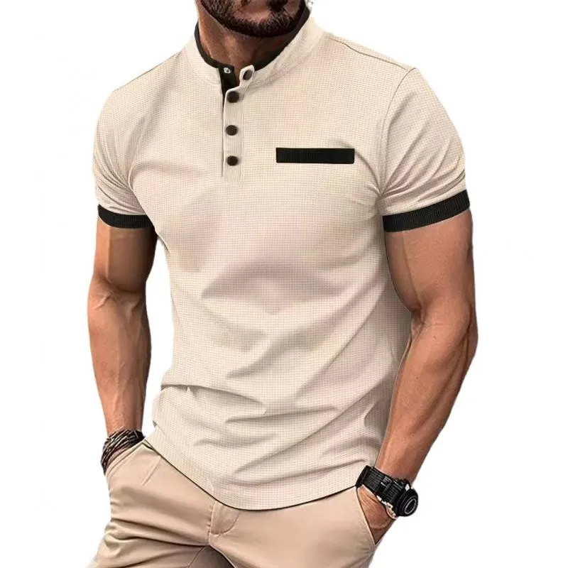 Men's Casual Stand Collar Color Block Waffle Short Sleeve Polo Shirt 07001974Y sold by Manly product image thumbnail 4