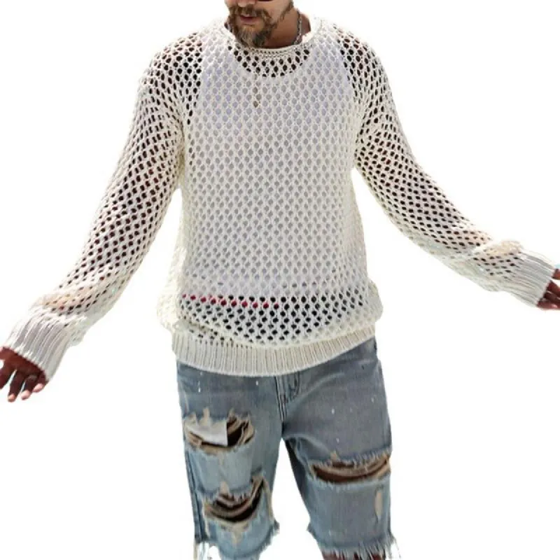 Men's Casual Solid Color Hollow Long-Sleeved Knitted T-Shirt 99271032M sold by Manly